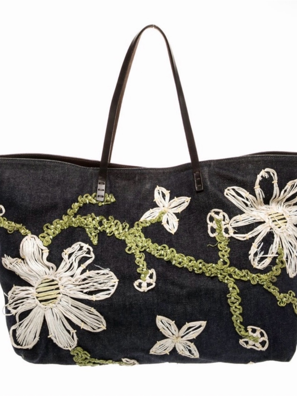 Vintage FENDI Embroidered Floral Denim Tote Bag Large Blue